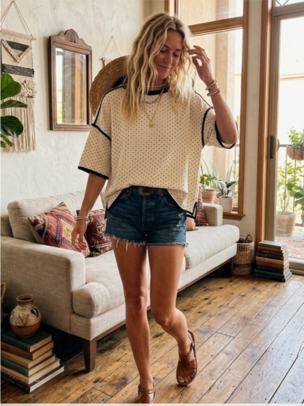 Cream Dot Short Sleeve Tee with Black Trim - Picture 3 of 3